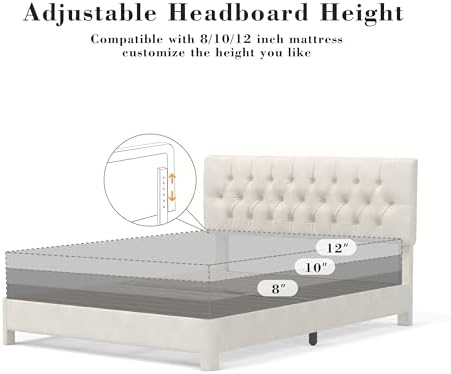 King Size Bed Frame with Headboard, Luxury Velvet Fabric Upholstered Bed frame with Button Tufted Design, Strong Wooden Slats Support - Low & Sturdy, Noise-Free, No Box Spring, Easy Assembly, Beige