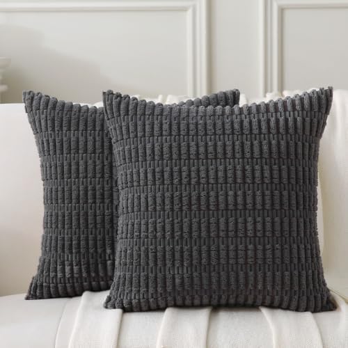 2 Pack Corduroy Decorative Throw Pillow with Inserts, 18x18 Inch Soft Boho Throw Pillow, Square Striped Throw Pillows for Couch, Bed, Sofa Decor (Dark Gray, 18" x 18" (with Inserts))