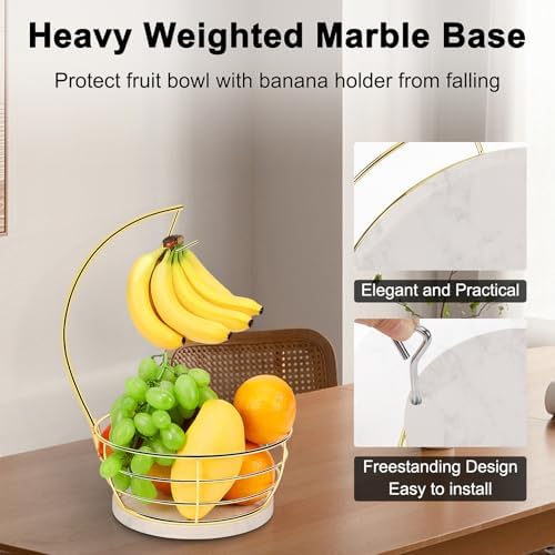 Livabber Countertop Fruit Basket Bowl with Banana Hanger, Modern Standing Fruit Vegetable Bowl Storage, with Banana Tree Holder for Kitchen Dinning Table (Round Marble, Gold)