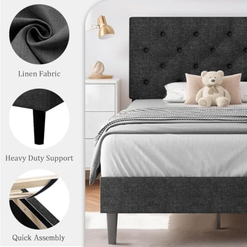 HOMBCK Twin Size Bed Frame with Adjustable Headboard, Dark Grey