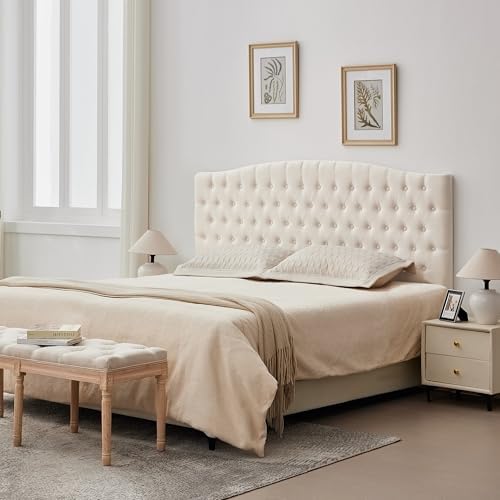 Tufted Tall King Size Headboard, Linen Button Diamond Headboards, Beige