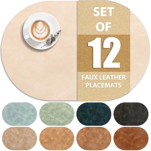 ADRIMER Oval Placemats Set of 12, Wipeable Faux Leather, Beige