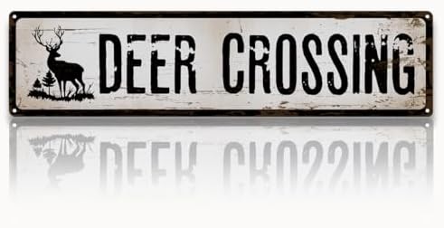 Rustic Farmhouse Metal Sign, “Deer Crossing” Vintage Tin Plaque for Cabin, Pond, Yard, or Garage, Outdoor & Indoor Country Wall Art, Easy to Hang, 15.8 x 4 Inch