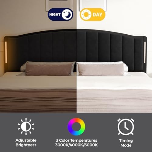 Upholstered Tufting Headboard for King Size Bed with Lights, Black