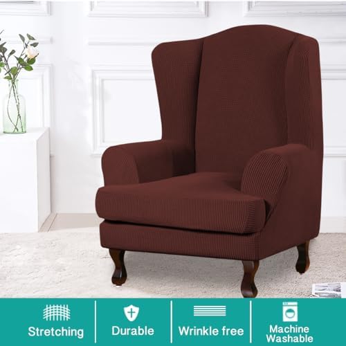 Turquoize Wingback Chair Covers 2 Piece Wing Chair Slipcover Stretch Slipcovers for Wingback Chairs Spandex Jacquard Fabric with Elastic Bottom Non-Slip Furniture Cover, Burnt Brick