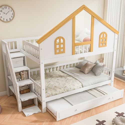 Full Over Full Size House Bunk Bed with Trundle & Storage Stairs