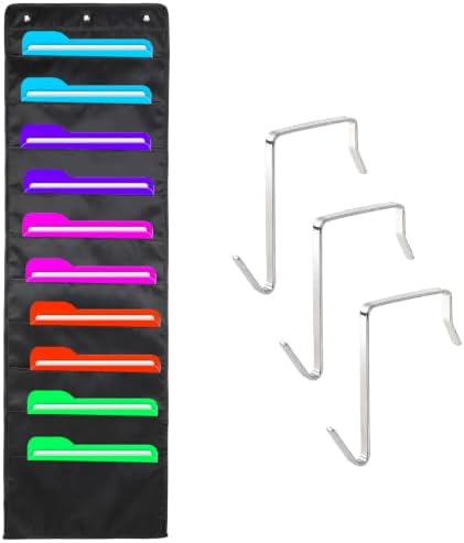 Pocket Chart for Classroom, Storage File Folders Pocket Chart, Hanging Wall File Organizer with 3 Over Door Metal Hangers Pocket Charts Organizer for School Office Mailbox