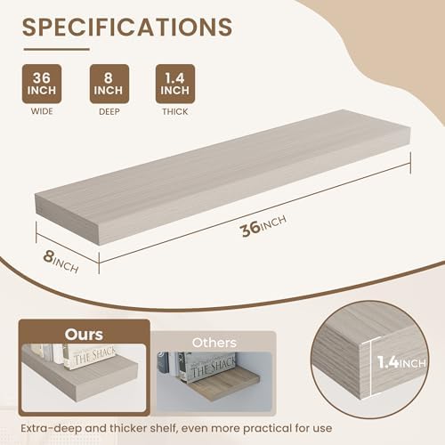 Dreamland 36 Inches Wall Mounted Wood Floating Shelves, Grey, 2 Pack