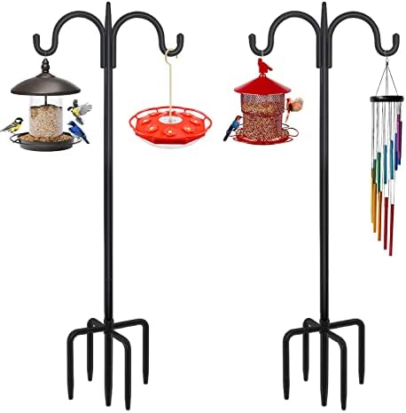 FEED GARDEN Heavy Duty Shepherds Hook 2 Pack 108" Double Hooks Adjustable (44/60/76/92/108") - Metal 5-Prong Base, 12lb Capacity -Bird Feeder Pole for Hanging Planters, Lanterns, Wind Chimes