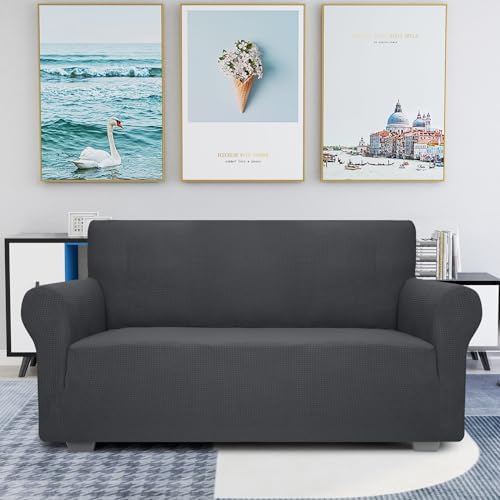 JIVINER High Stretch Loveseat Sofa Slipcovers 1-Piece Jacquard Couch Covers for 2 Cushion Couch Furniture Protector Washable Sofa Covers for Kids Pets Small Checks (Loveseat, Grey)