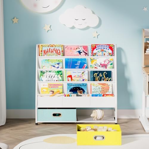 Kids Bookshelf - 4-Tier Sling Bookcase for Kids Room, Metal Nursery Book Shelf, Small Book Shelf and Toy Storage for Children, Idea Gift for Boys and Girls