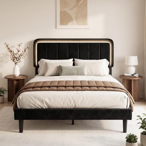 Garvee Queen Size Bed Frame with LED Lights & Upholstered Headboard