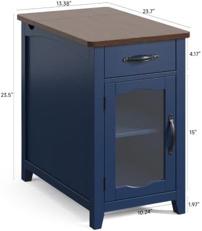 ONBRILL Rustic End Table with Charging Station, Narrow Side Table, Blue