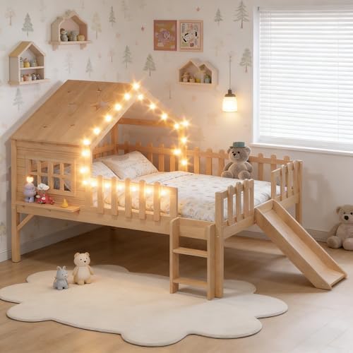 Full Loft Bed with Slide and Ladders, Solid Wood Low Loft Bed with Tray, Lights, Playhouse Roof, House Loftbed Frame for Kids, Boys, Girls, Childlike and No Box Spring Needed Design, Natural