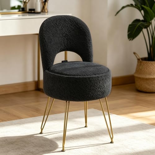 LITZFUR Round Vanity Stool with Storage & Folding Back, Black Makeup Chair