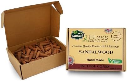 Bless International Sandalwood 100%-Natural-Incense-Cones Handmade-Hand-Dipped Organic-Chemicals-Free for-Purification-Relaxation-Positivity-Yoga-Meditation The-Best-scents 120 Count