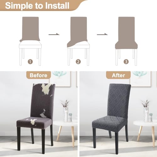 SearchI Dining Room Chair Covers Set of 6, Stretch Jacquard Parsons Chair Slipcovers Super Fit Spandex Removable Washable Kitchen Chair Protector Cover for Dining Room, Hotel, Ceremony (Grey)