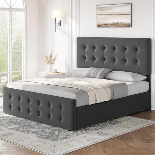 IDEALHOUSE Full Bed Frame with 4 Storage Drawers and Headboard, Dark Grey