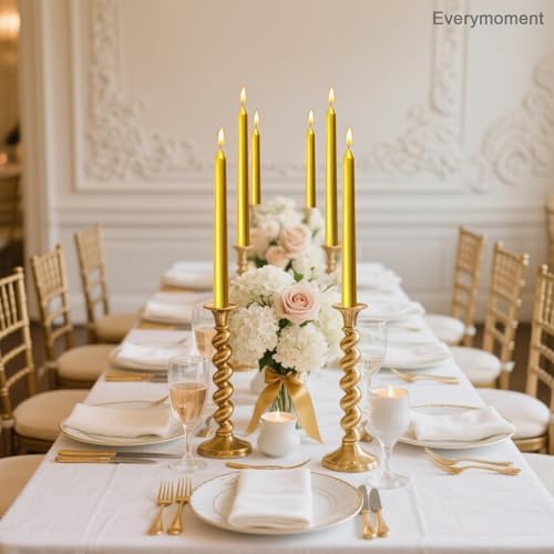 Everymoment Gold Taper Candles - 24 Pack 10 Inch Candlesticks - Dripless & Smokeless for 8 Hours - Unscented Paraffin Wax - Ideal for Wedding Christmas Anniversary New Year's Eve & Luxury Decor