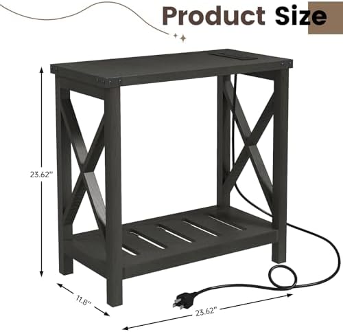 Hadulcet Farmhouse Side Table with Charging Station - Narrow Bedside Table for Small Space, Slim End Table, Rustic X-Design Nightstand for Living Room, Bedroom, Classic Black