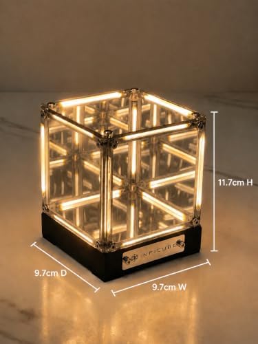Infinity Mirror Cube Lamp with Display Case, Warm White 2700K | Tesseract Abyss Light, USB-C Rechargeable, Touch Dimmable LED Desk Decor for Gaming Room, Bedroom & Shelf