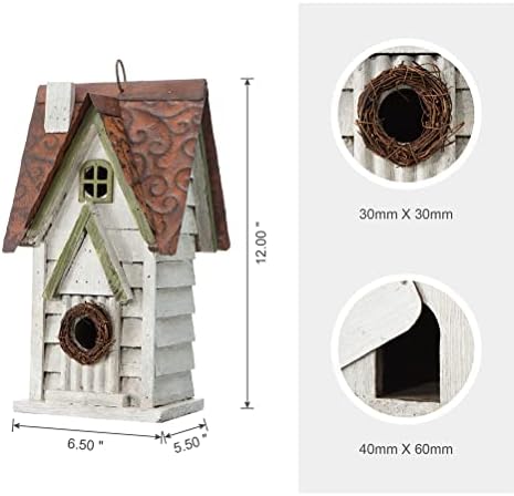 Glitzhome Bird Houses for Outside, 12" H Washed White Distressed Solid Wood Cottage Bird Nesting Box Hanging Bird House for Outdoors, Decorative Birdhouse for Bluebird Wren Sparrow Finch Cardinal