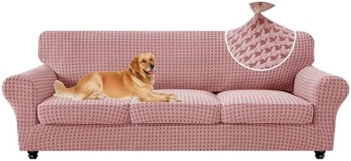 MAXIJIN 4 Pieces Stretch Oversized Couch Covers for 3 Cushion Sofa Covers Washable Sofa Slipcovers Thick Soft Furniture Protector with Non Slip Strap (Pink), 91"-110"(3 XL Cushions)