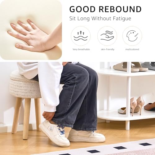 Wimarsbon Pouf Ottoman, 100% Cotton Knitted Boho Footstool, Round Footrest with Non-Skid Wood Legs, Home Décor Handmade Pouffe, Leisure Floor Step Stool for Living Room (High Storage Beige)