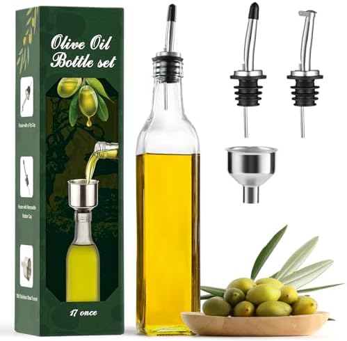 AOZITA 17oz Clear Glass Olive Oil Dispenser Bottle - 500ml Oil & Vinegar Cruet with Pourers and Funnel - Olive Oil Carafe Decanter for Kitchen