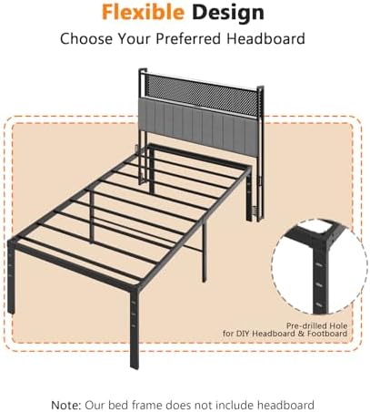 VINGLI 16 Inch Twin Bed Frame, Heavy Duty Metal Platform, No Box Spring Needed, Sturdy Steel Slat Support, Easy Assembly, Noise-Free, 14.4 Inch Underbed Storage,Black