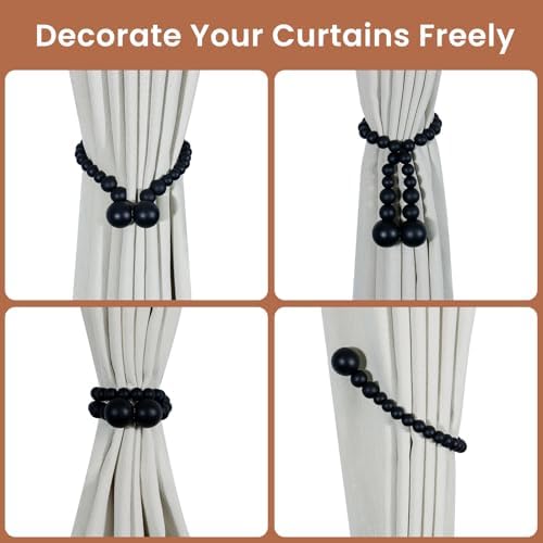 KLOGTSIND Magnetic Curtain Tiebacks, 4 Pack Wood Bead Curtain Holdbacks