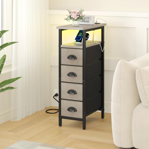sthmec Side Table with Charging Station, Narrow End Table with 4 Drawers, LED Nightstands with Fabric Drawers,Slim Sofa Couch Side Tables for Small Spaces,Living Room,Bedroom, Grey