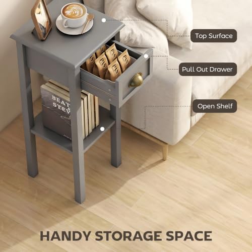 HOMCOM Narrow End Table with Drawer and Bottom Shelf Set of 1 Gray