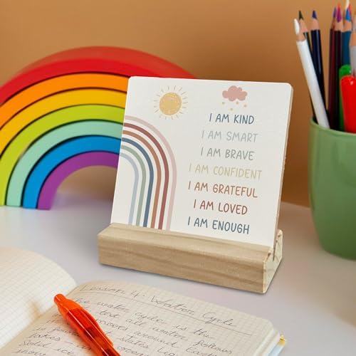 Inspirational Rainbow Desk Decor, Boho Wood Sign, Positive Affirmations Nursery Shelf, Motivational 'I Am Brave' Wooden Plaque With Stand for Kids Room