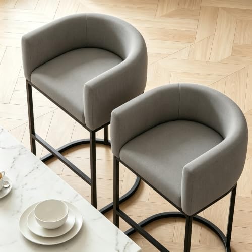 26" H Counter Height Bar Stools Set of 1, Modern Barrel Counter Stools with Backrest and Arms, Linen Fabric Upholstered Accent Barstools for Kitchen Island,Support 450 LBS (Gray)