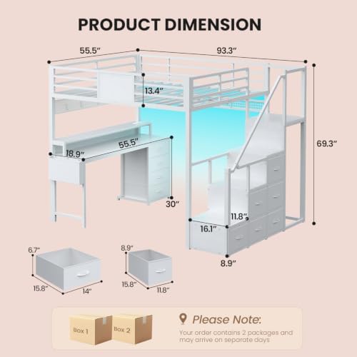 Full Size Loft Bed with 55.5" Desk and Storage Stairs, White