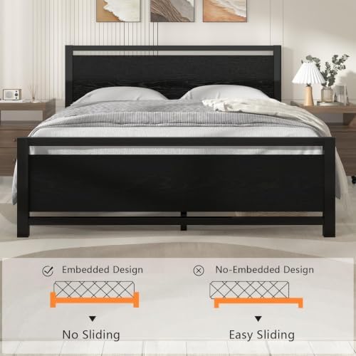 Queen Metal Bed Frame with Industrial Headboard, Black