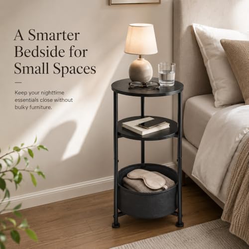 3-Tier Small Round Side Table with Storage Basket, Black