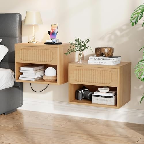 Wooden Fluted Floating Nightstand Set of 2, Wall Mounted w/Drawer & Shelf, Waterproof & Scratch-Resistant, Metal Glide, Compact for Small Spaces (15.8”W x 12.6”D x 11.9”H, Natural Wood)