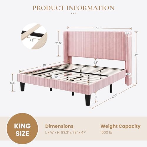 SHA CERLIN King Corduroy Platform Bed with Tufted Wingback Headboard, Pink