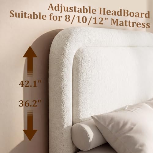 Vipbear Boucle King Bed Frame with Adjustable Headboard, Upholstered Platform Bed Frame with Wood Slats, Noise-Free Cloud Queen Bed, No Box Spring Required, Easy Assembly, Cream