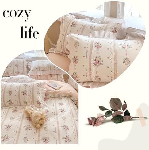 Ruffle Duvet Cover Set 100% Cotton Queen(90"x90"),Pink Flower