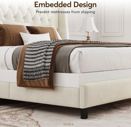 Queen Upholstered Bed Frame, 55.4'' Tall Headboard with Wingback