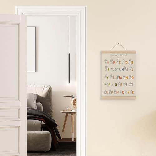 MAQIKA American Sign Language Alphabet Poster Framed with Wood Hanger, Boho Letters Educational Hanging Wall Decor, ASL Alphabet Canvas Wall Art Paints for Classroom Kids Room Bedroom, 12x16 Inch