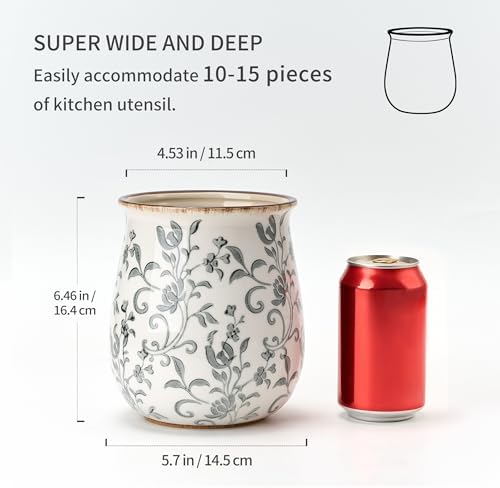 Utensil Holder for Kitchen Counter, Modern Farmhouse Cooking Utensil Holder and Crock Home Kitchen Decor, Ceramic Utensil Organizer for Spatula, Ladle, Eggbeater, Rolling Pin- Gray Flower Patterns