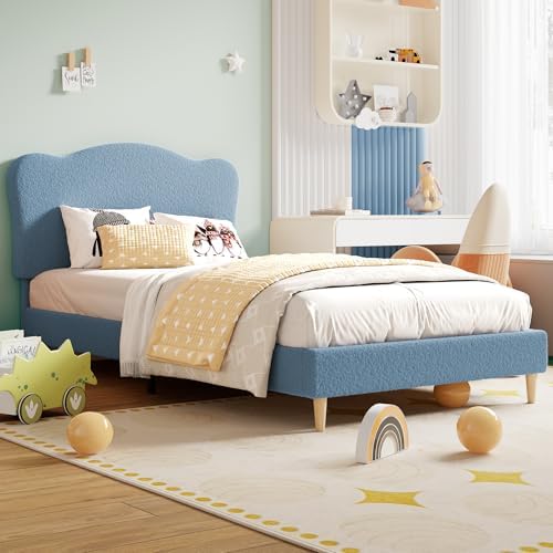Garvee Upholstered Full Size Bed Frame for Kids with Scallop Headboard, Cute Velvet Full Bed for Girls, Boys, Sturdy Platform Bed, No Box Spring Needed, Wooden Slats, Noise Free, Blue