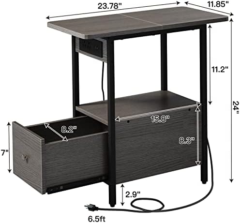 LIDYUK End Table with Charging Station, Narrow Side Table with Drawer