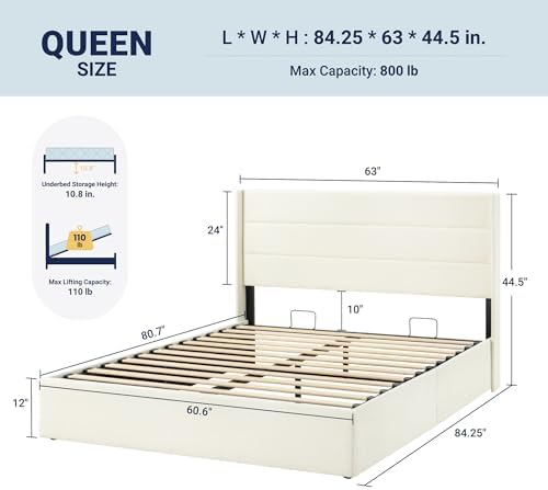 Allewie Queen Size Chenille Lift Up Hydraulic Storage Bed Frame Cream White