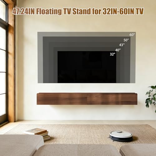 Floating Solid Wood Console Table, 47'' Wall Mounted Narrow Entryway Table with Storage Shelf, Modern Couch Shelves Small Entry Way Tables for Entryway, Front Hall, Hallway (Walnut, 47.24IN)