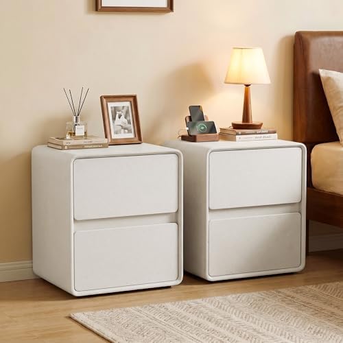 15.8" W Leather Narrow Nightstand Set of 2, Modern Fully-Assembled Bedside Table with 2 Drawers, Night Stand Small End Table & Side Table for Bedroom, Cream White